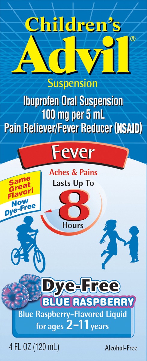 slide 11 of 12, Advil Children's Advil Pain Reliever and Fever Reducer, Dye-Free Liquid Children's Ibuprofen for Pain Relief, Dye-Free Blue Raspberry - 4 Fl Oz, 4 fl oz