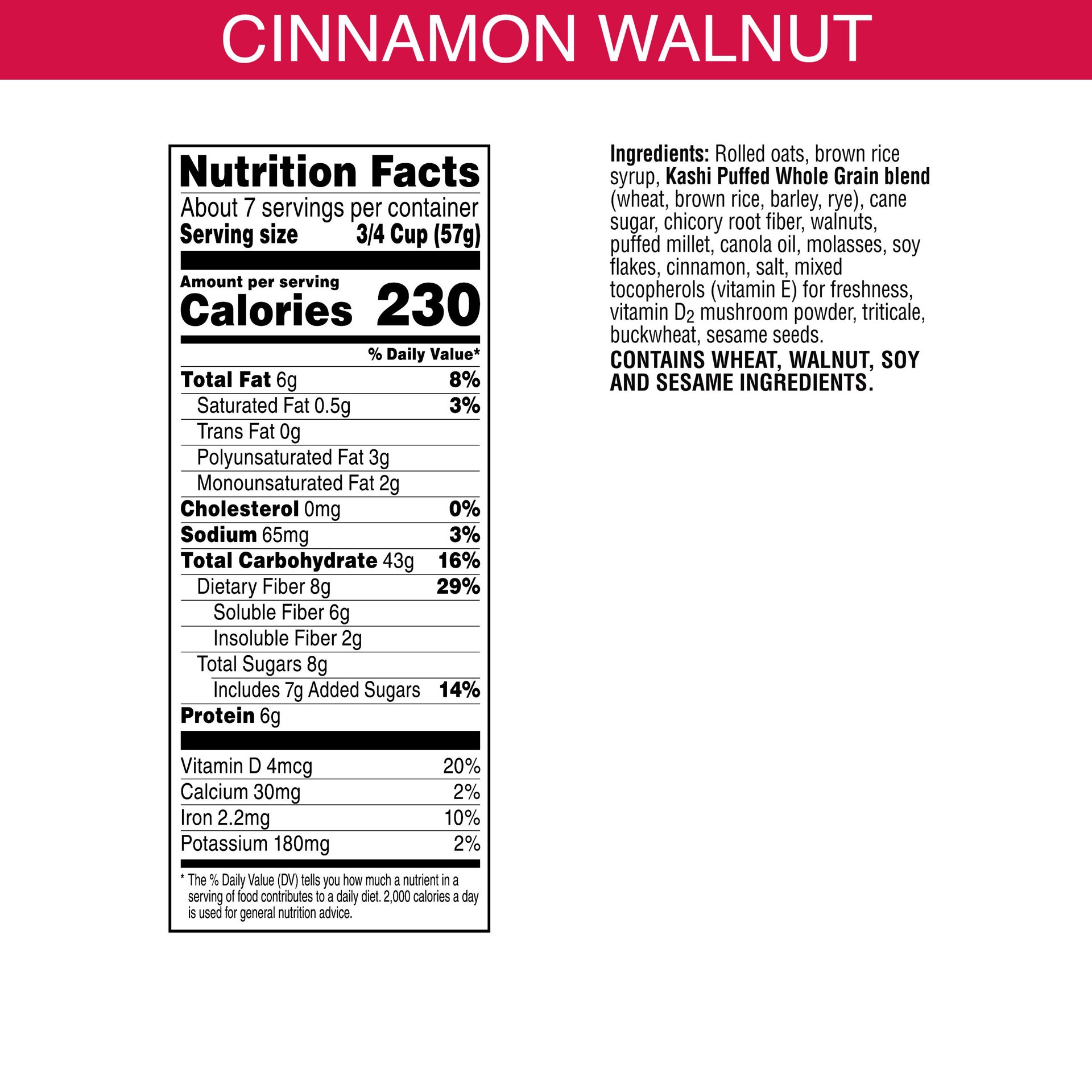 slide 3 of 5, Kashi Cold Breakfast Cereal, Excellent Source of Vitamin D, Fiber Cereal, Cinnamon Walnut, 14.5oz Box, 1 Box, 14.5 oz