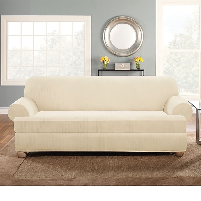 slide 1 of 1, SureFit Home Decor Stretch Pinstripe T-Cushion Sofa Slipcover - Cream, 2 ct