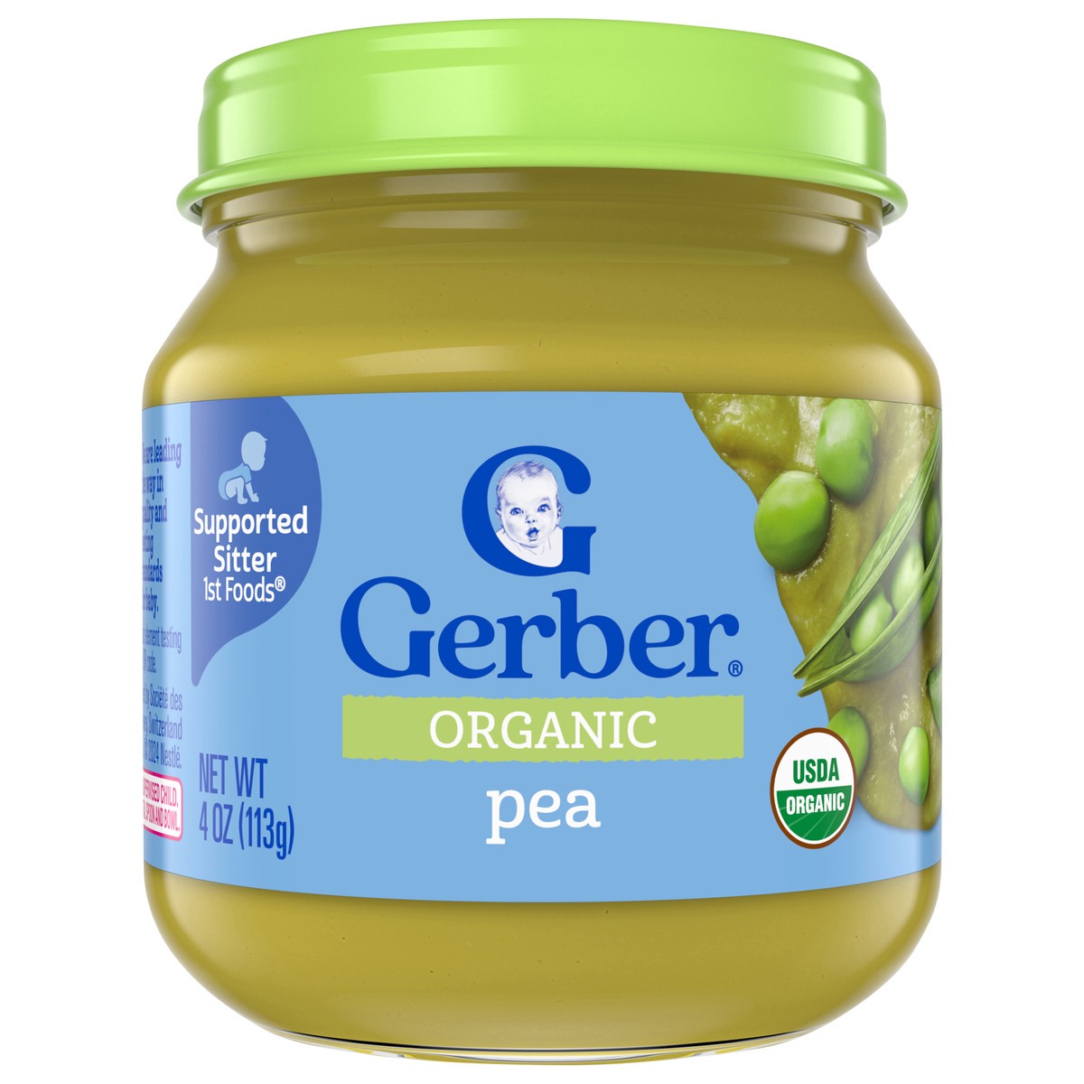 slide 1 of 9, GERBER PRODUCTS COMPANY Organic for Baby 1st Foods Pea Label R015A NET WT 4 OZ (113g), 4 oz