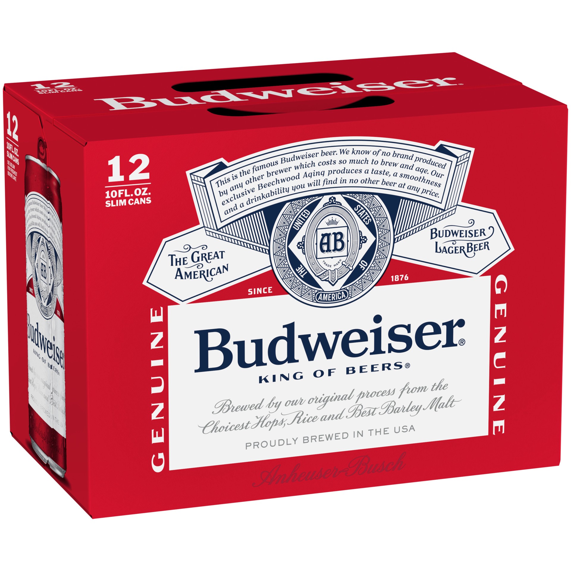 slide 1 of 5, Budweiser Lager Beer 12 - 10 fl oz Slim Cans, 5.0% ABV, 12 ct