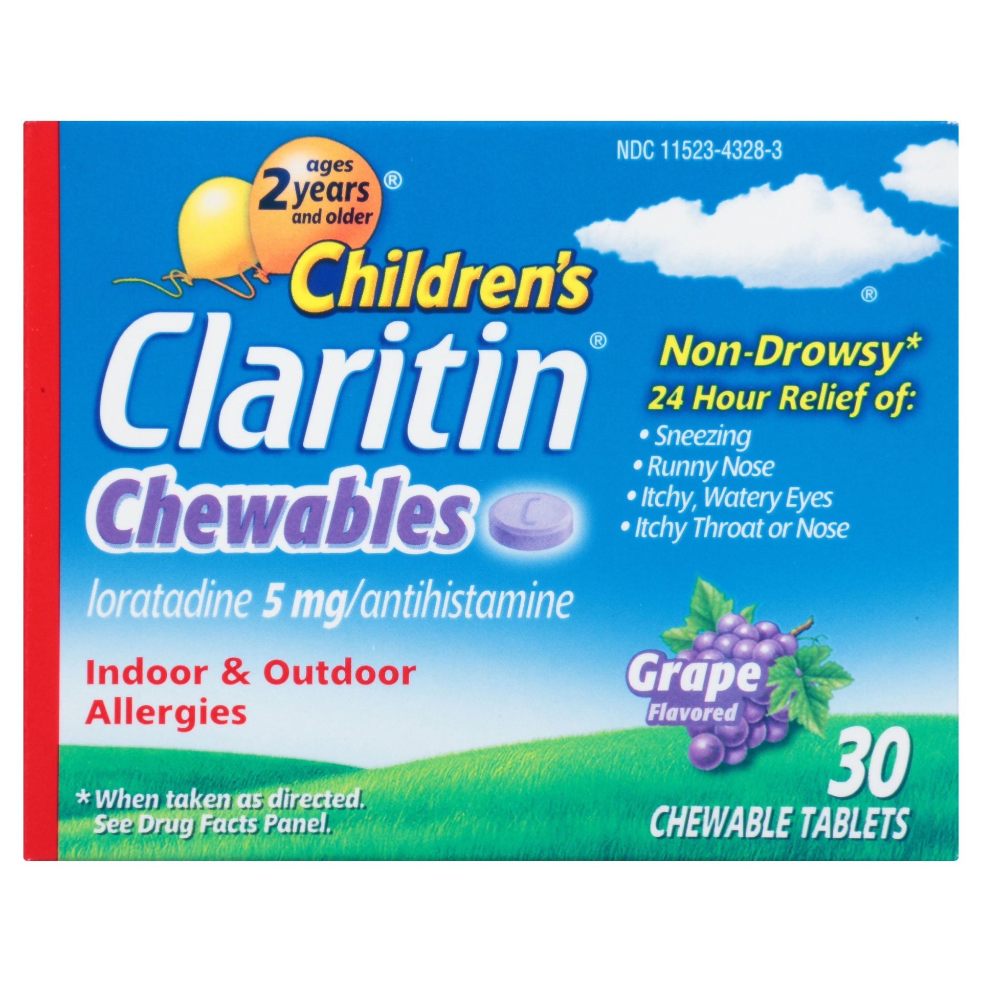 slide 1 of 4, Claritin Children's 24 Hour Non-Drowsy Allergy Relief Grape Flavored Chewable Tablets - Loratadine, 30 ct