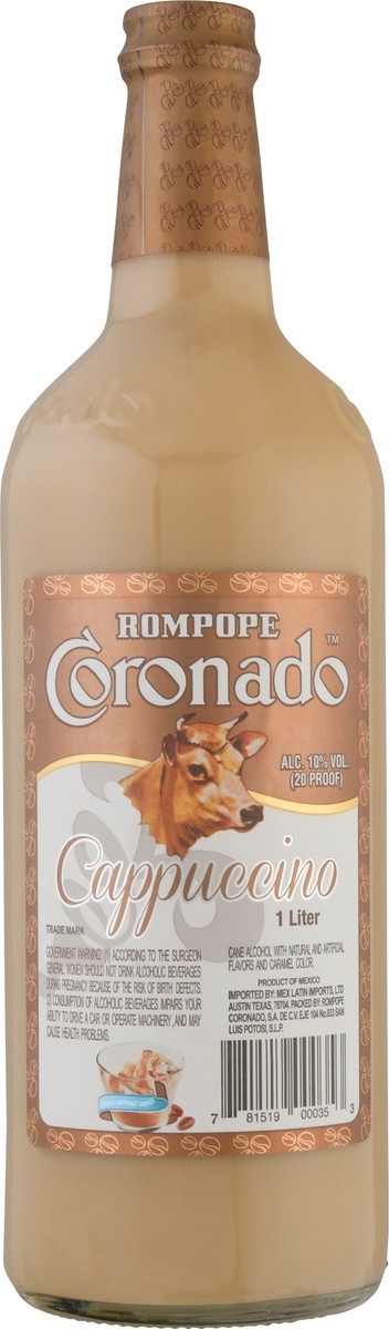 slide 8 of 9, Rompope Coronado Cappuccino Cane Alcohol 1 lt Bottle, 1 l