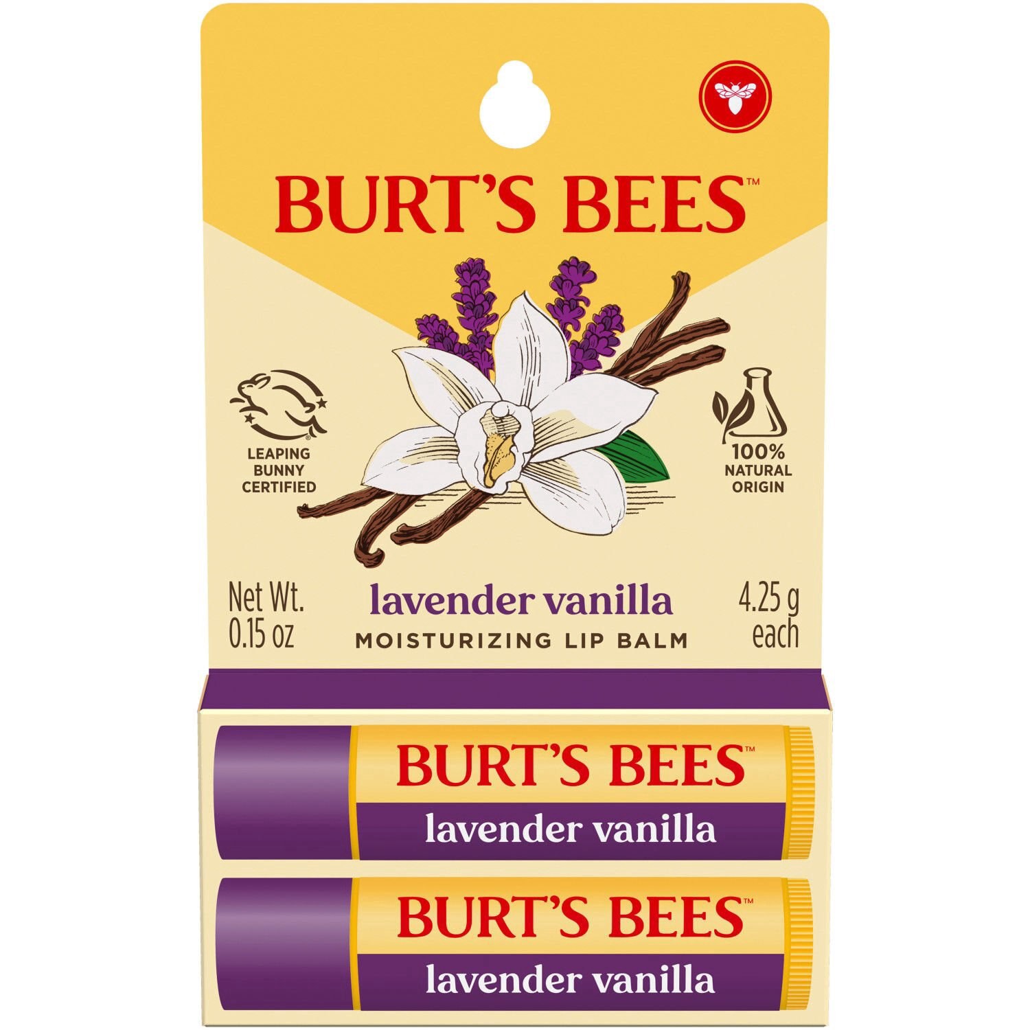 slide 1 of 3, Burt's Bees Lavender Vanilla Moisturizing Lip Balm, 100% Natural Origin Lip Care, 2 Tubes, 0.15 oz., 0.3 oz