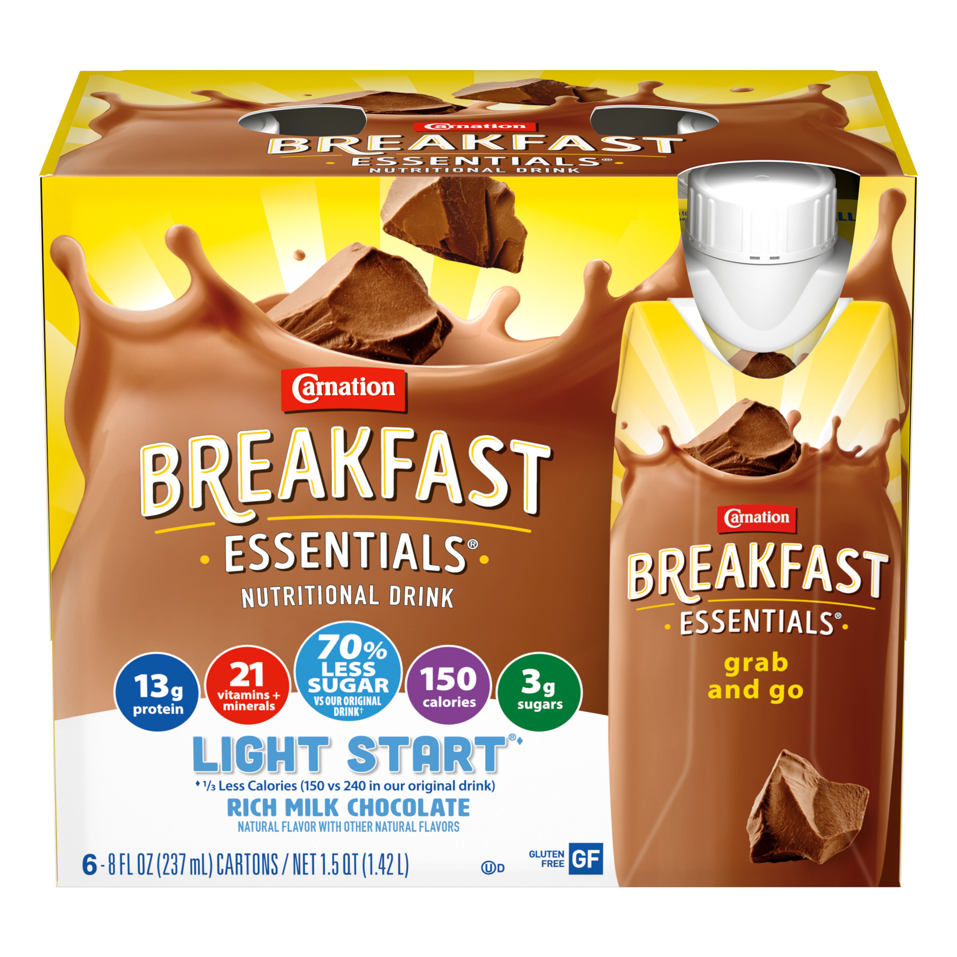 slide 1 of 5, Carnation Breakfast Essentials Light Start Nutritional Drink, Chocolate, 8 FL OZ Carton (6 Pack), 8 fl oz