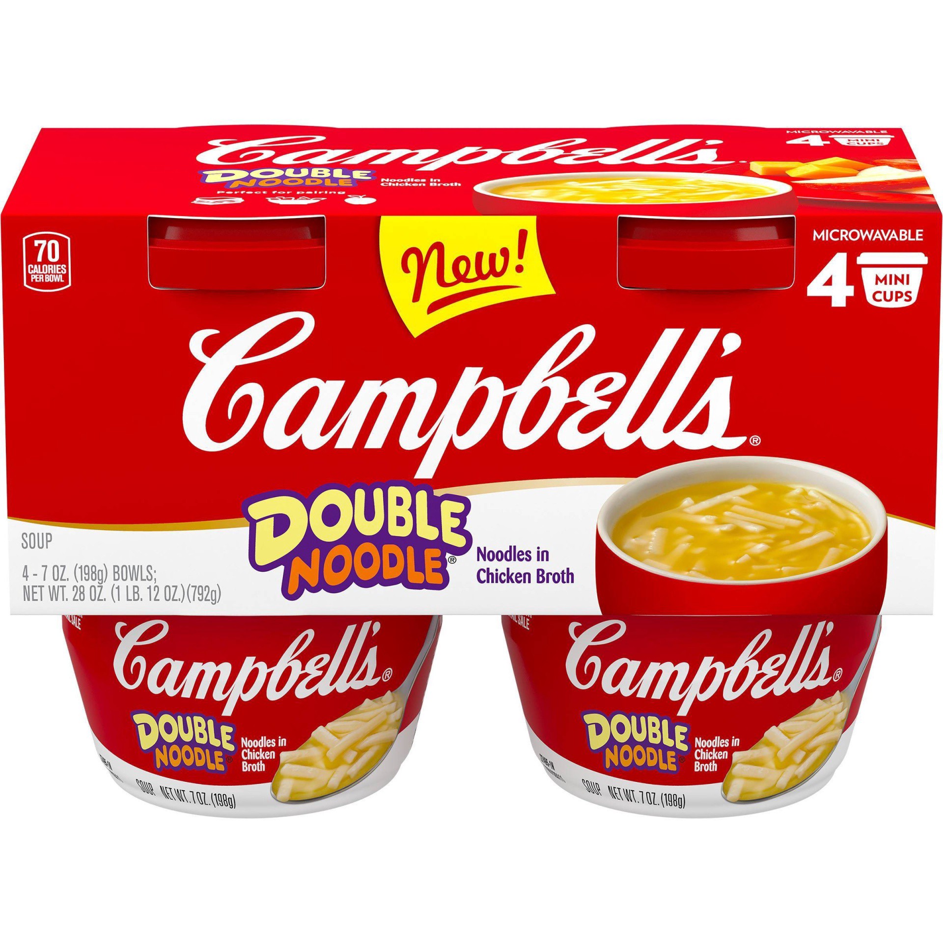 slide 1 of 7, Campbell's Double Noodle Soup, Perfect Lunch Snack, 7 Ounce Microwavable Cup (4 Pack), 4 ct; 7 oz