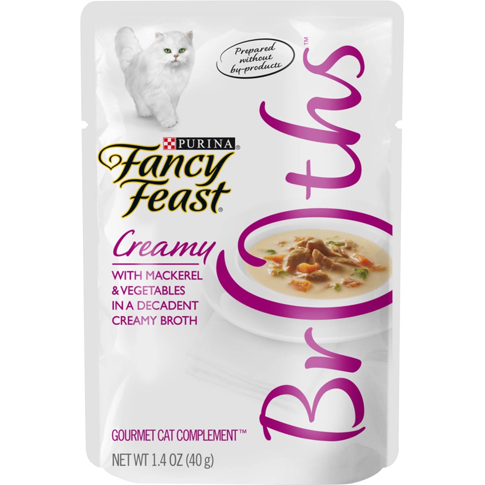 slide 1 of 5, Purina Fancy Feast Broths Creamy With Mackerel & Vegetables Cat Complement, 1.4 oz