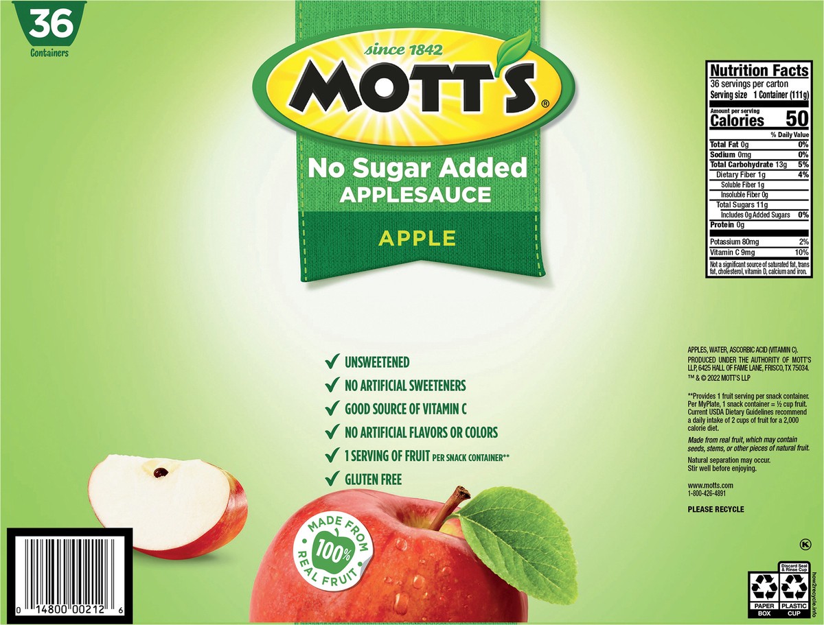 slide 5 of 12, Mott's No Sugar Added Applesauce, 3.9 oz cups, 36 count, 36 ct
