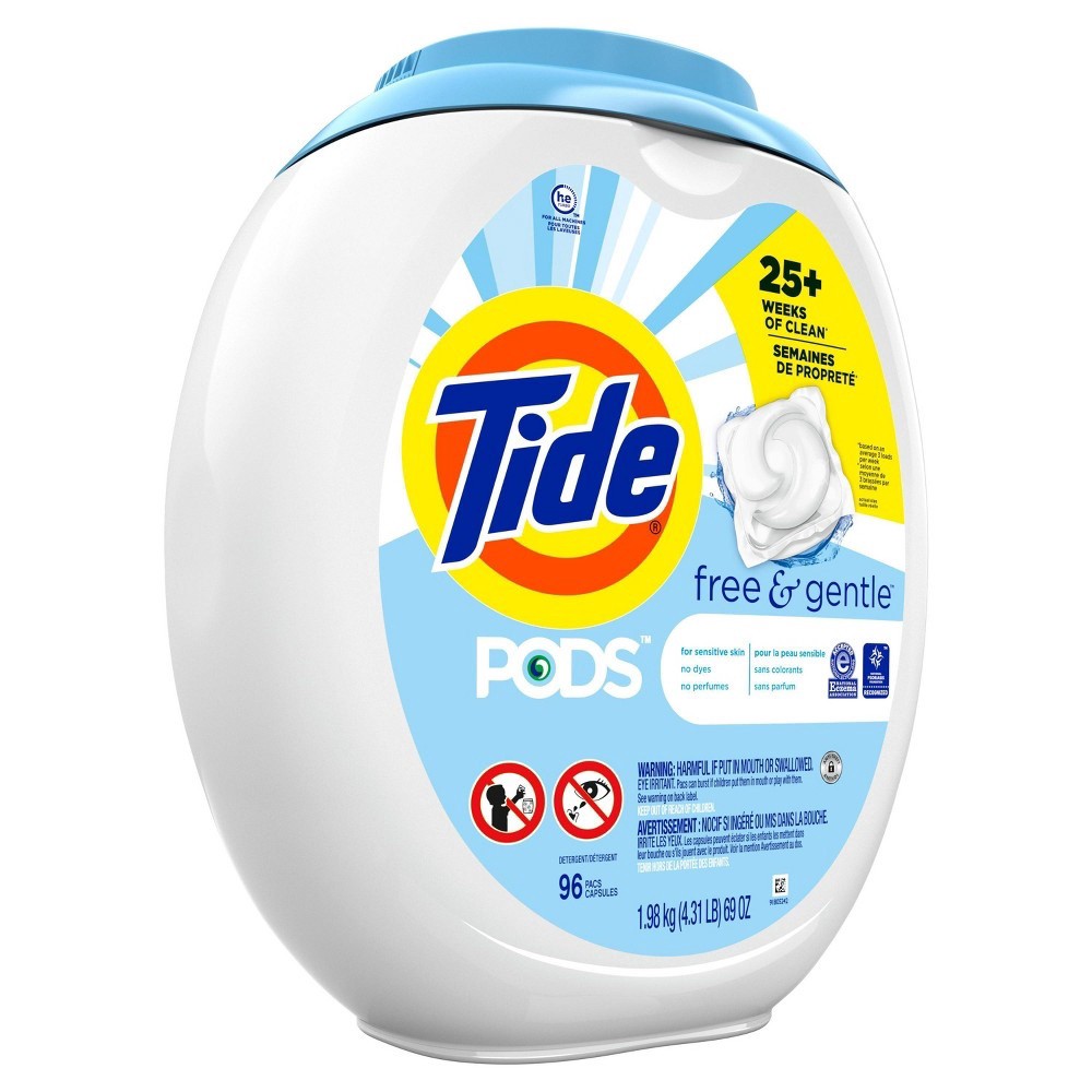 slide 4 of 8, Tide PODS and Gentle, Liquid Laundry Detergent Soap Pacs, HE Compatible, 96 Count, Free and Clear of Dyes and Perfumes, Hypoallergenic for Sensitive Skin, Unscented, 96 ct