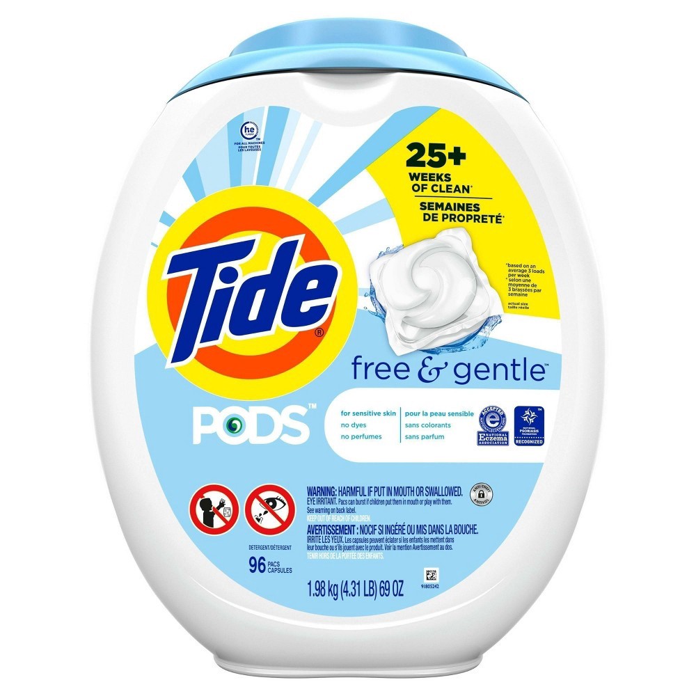 slide 3 of 8, Tide PODS and Gentle, Liquid Laundry Detergent Soap Pacs, HE Compatible, 96 Count, Free and Clear of Dyes and Perfumes, Hypoallergenic for Sensitive Skin, Unscented, 96 ct