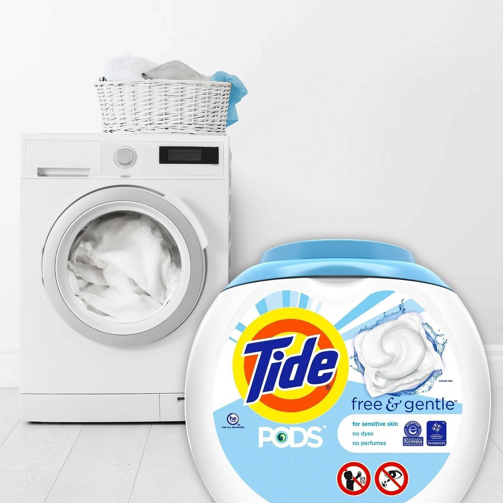 slide 7 of 8, Tide PODS and Gentle, Liquid Laundry Detergent Soap Pacs, HE Compatible, 96 Count, Free and Clear of Dyes and Perfumes, Hypoallergenic for Sensitive Skin, Unscented, 96 ct