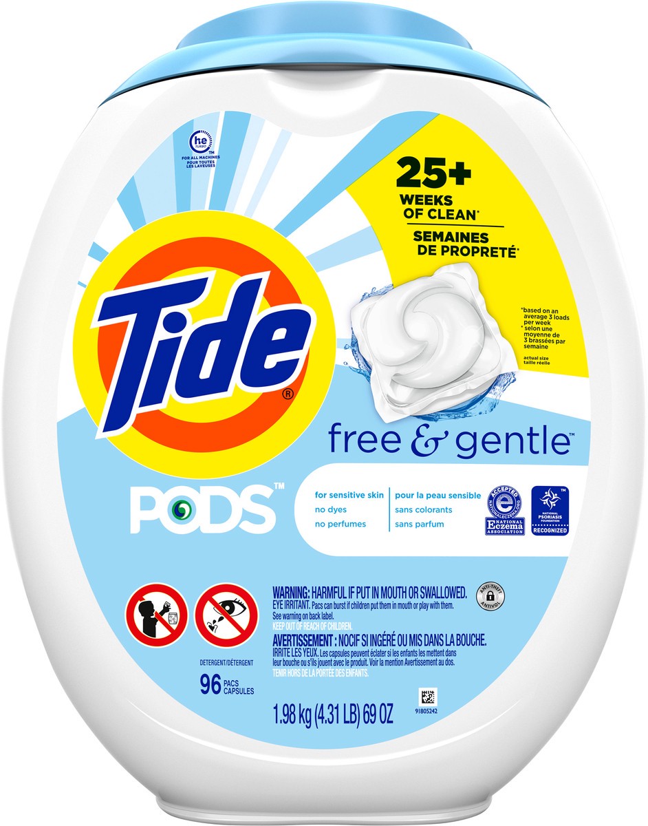 slide 1 of 8, Tide PODS and Gentle, Liquid Laundry Detergent Soap Pacs, HE Compatible, 96 Count, Free and Clear of Dyes and Perfumes, Hypoallergenic for Sensitive Skin, Unscented, 96 ct