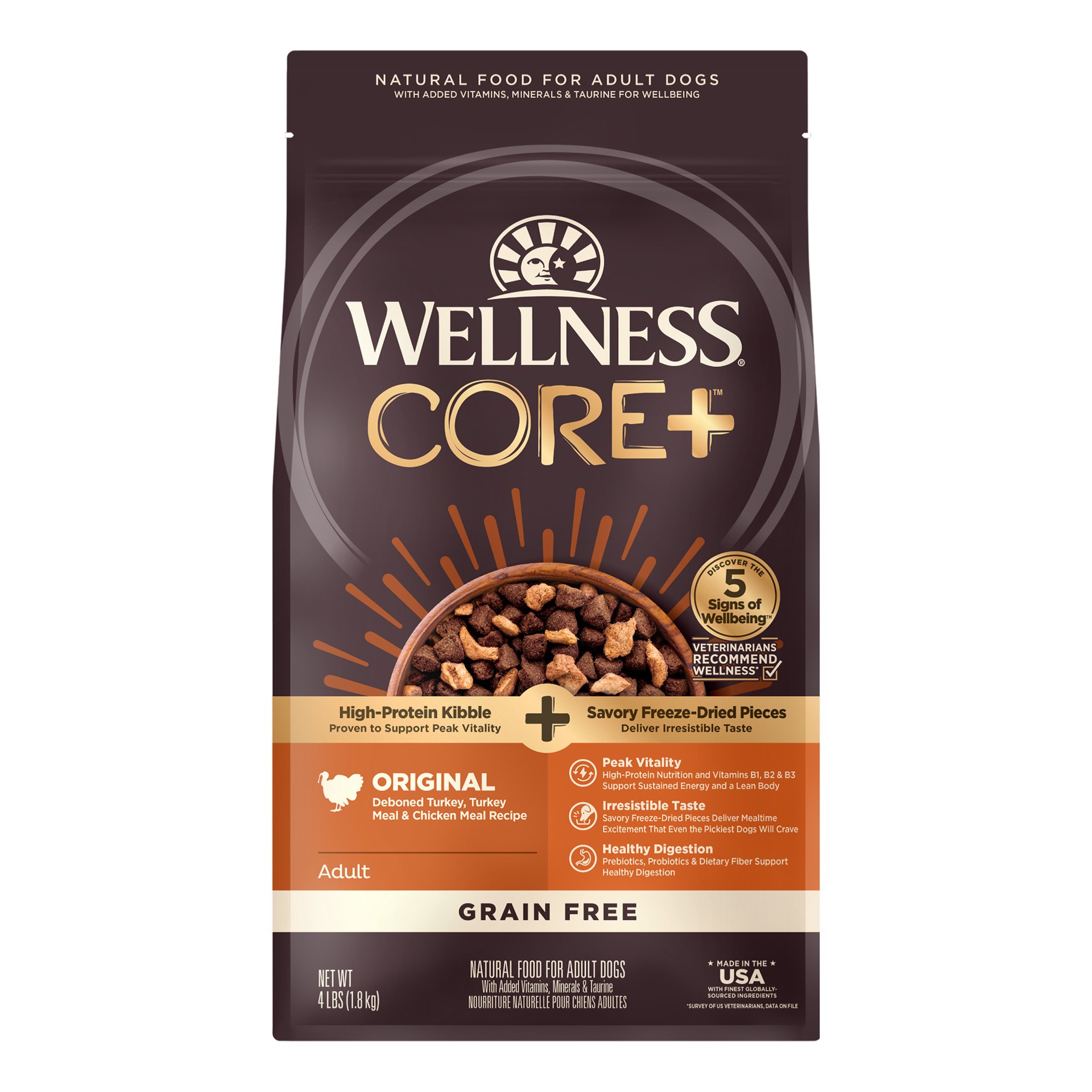 slide 1 of 5, Wellness CORE+ (Formerly RawRev) Natural Grain Free Dry Dog Food, Original Turkey & Chicken with Freeze Dried Turkey, 4-Pound Bag, 1 ct