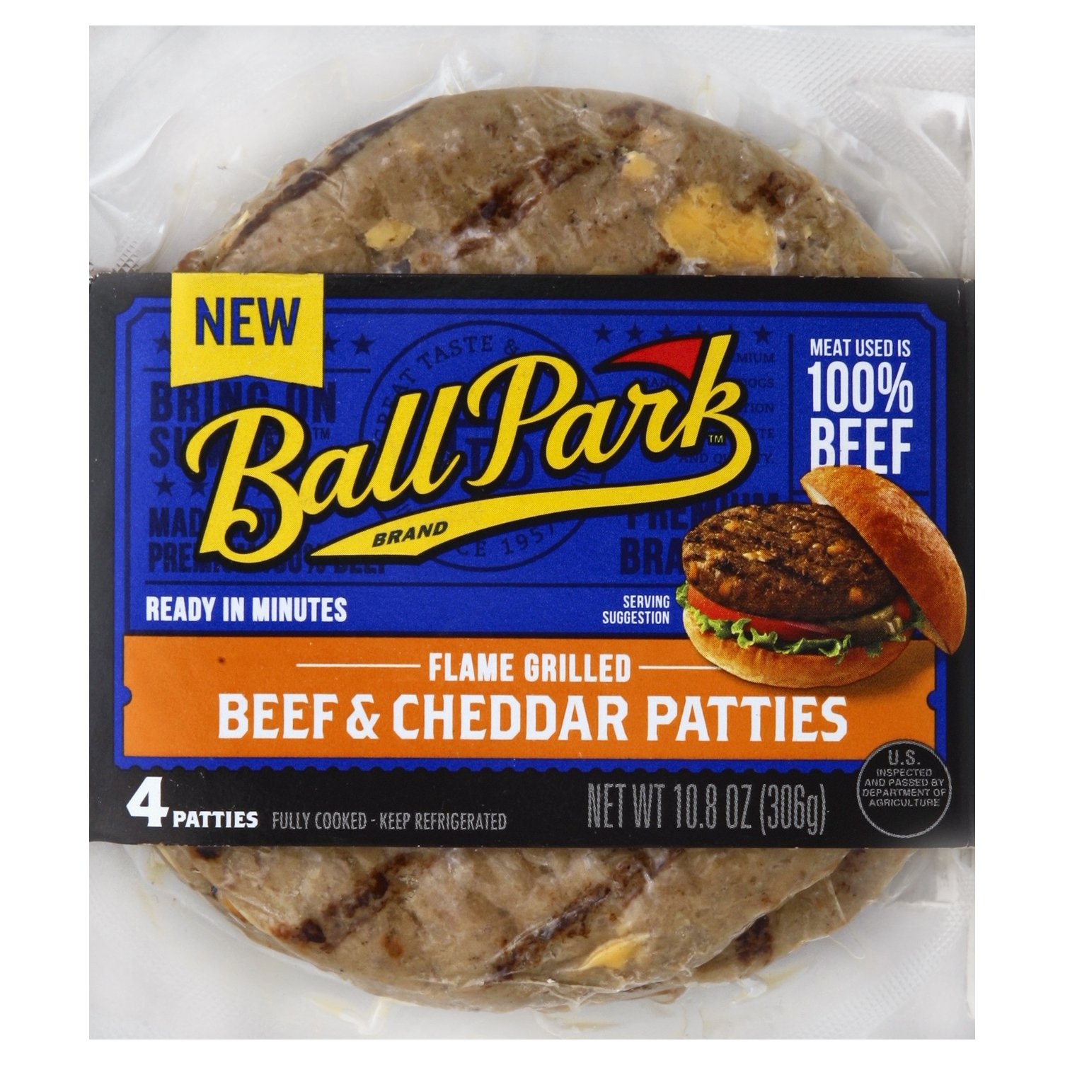 slide 1 of 5, Ball Park Flame Grilled Beef & Cheddar Patties, 4 ct; 10.8 oz