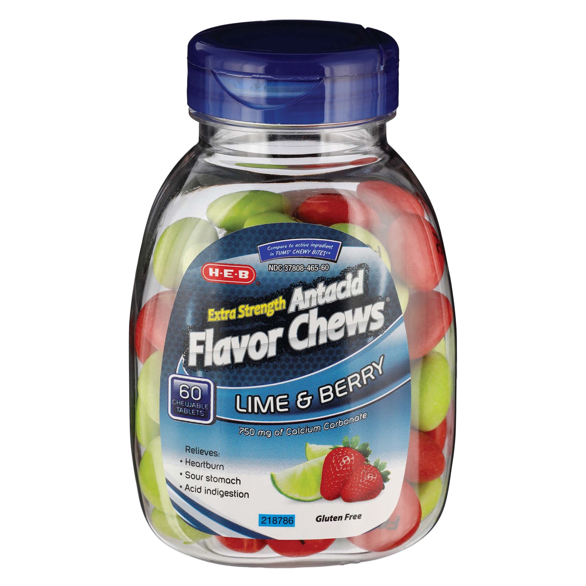 slide 1 of 1, H-E-B Extra Strength Antacid Berry Chewable Tablets, 60 ct