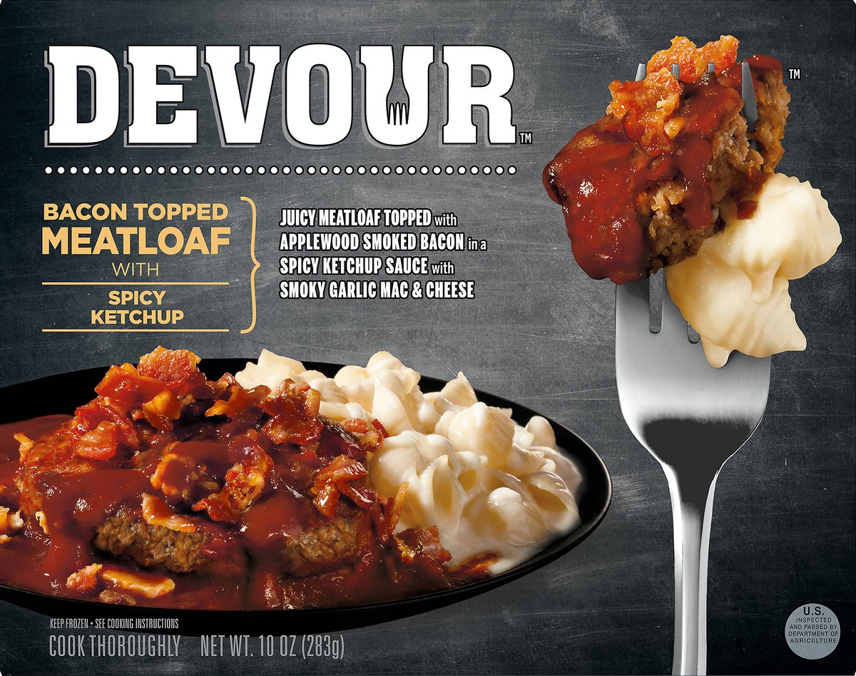 slide 1 of 11, DEVOUR Bacon Topped Meatloaf with Spicy Ketchup 10 oz. Box, 10 oz