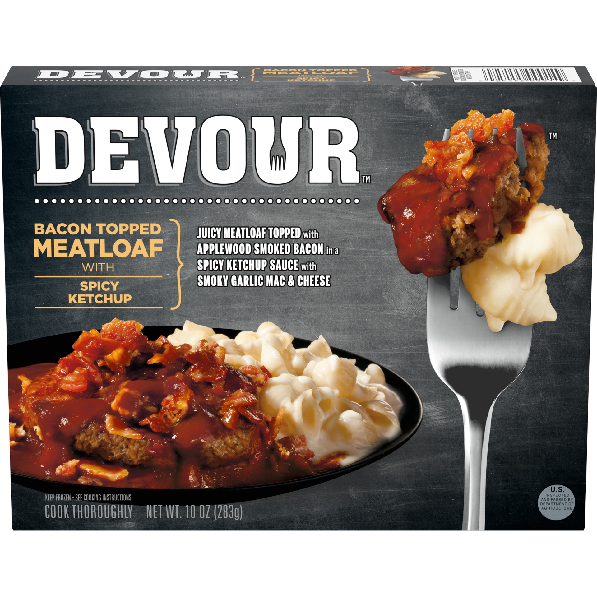 slide 1 of 1, DEVOUR Bacon Topped Meatloaf with Spicy Ketchup & Smoky Garlic Mac & Cheese Frozen Meal, 10 oz