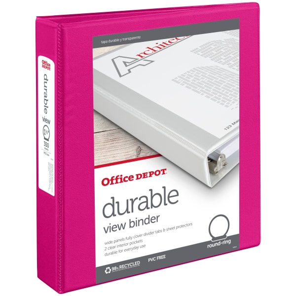 slide 1 of 1, Office Depot Durable View Round-Ring Binder, 1-1/2'' Rings, Hot Pink, 1 ct