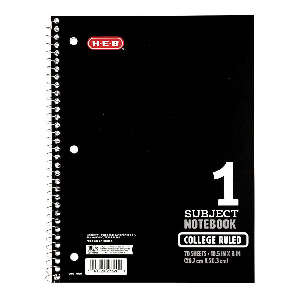 slide 1 of 1, H-E-B 1 Subject Black College-Ruled Notebook, 70 ct