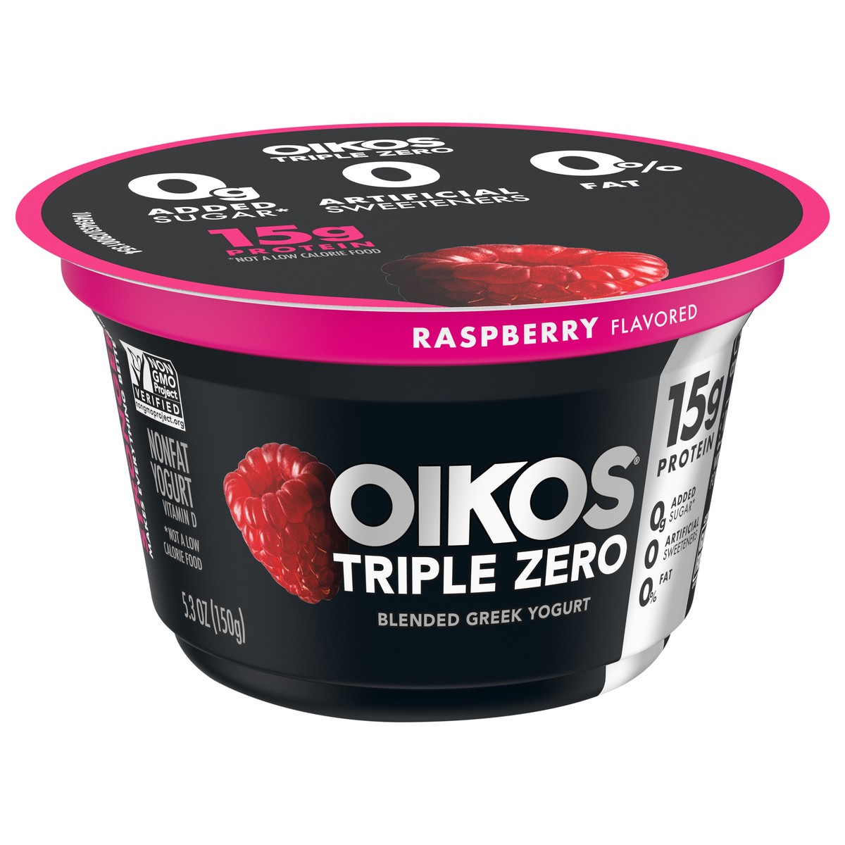 slide 7 of 9, Oikos Triple Zero Raspberry Nonfat Greek Yogurt, 0% Fat, 0g Added Sugar and 0 Artificial Sweeteners, Just Delicious High Protein Yogurt, 5.3 OZ Cup, 5.3 oz