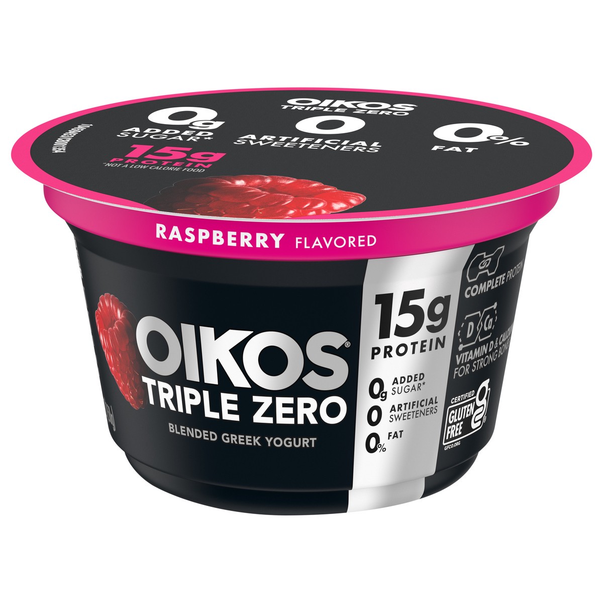 slide 3 of 9, Oikos Triple Zero Raspberry Nonfat Greek Yogurt, 0% Fat, 0g Added Sugar and 0 Artificial Sweeteners, Just Delicious High Protein Yogurt, 5.3 OZ Cup, 5.3 oz