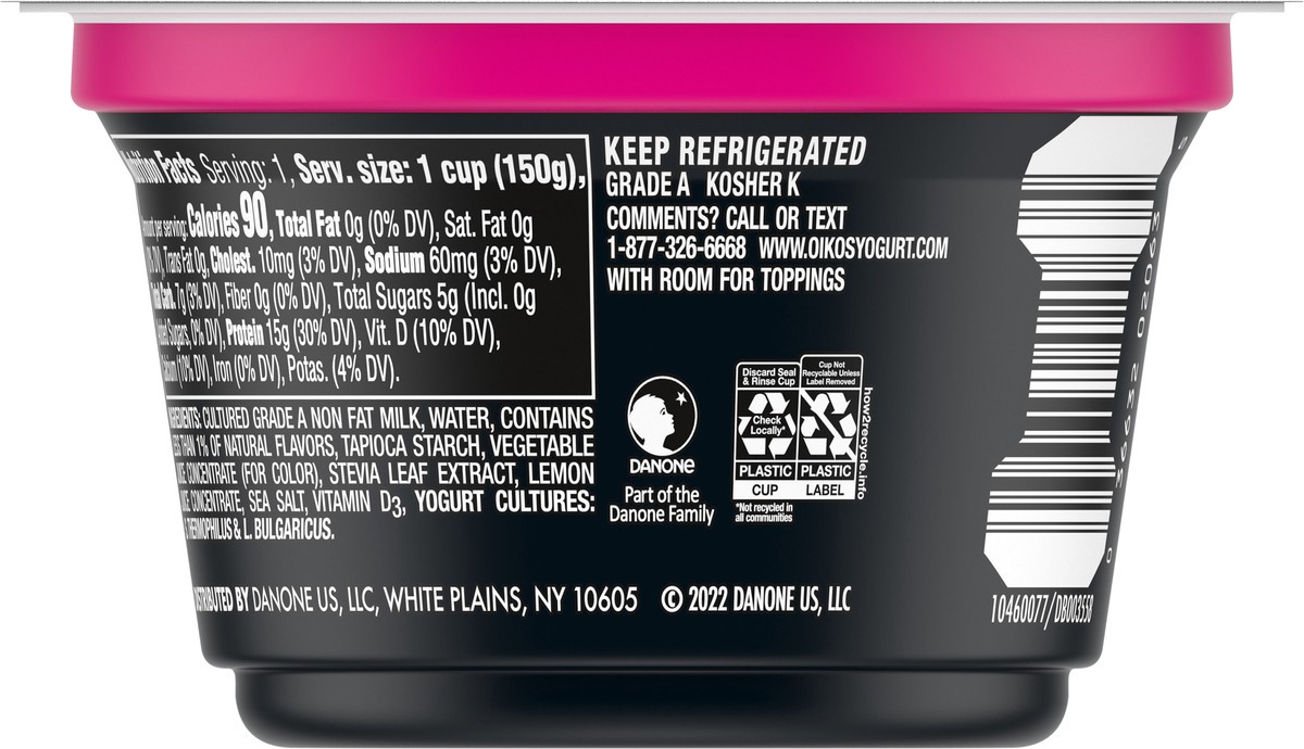 slide 6 of 9, Oikos Triple Zero Raspberry Nonfat Greek Yogurt, 0% Fat, 0g Added Sugar and 0 Artificial Sweeteners, Just Delicious High Protein Yogurt, 5.3 OZ Cup, 5.3 oz