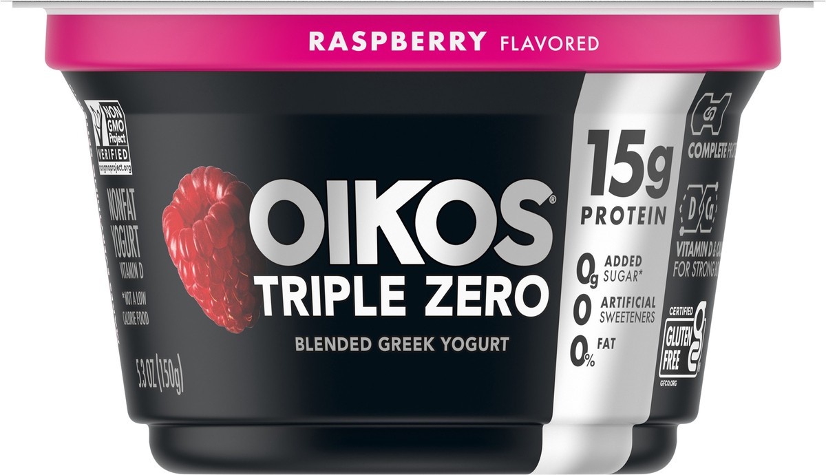 slide 4 of 9, Oikos Triple Zero Raspberry Nonfat Greek Yogurt, 0% Fat, 0g Added Sugar and 0 Artificial Sweeteners, Just Delicious High Protein Yogurt, 5.3 OZ Cup, 5.3 oz