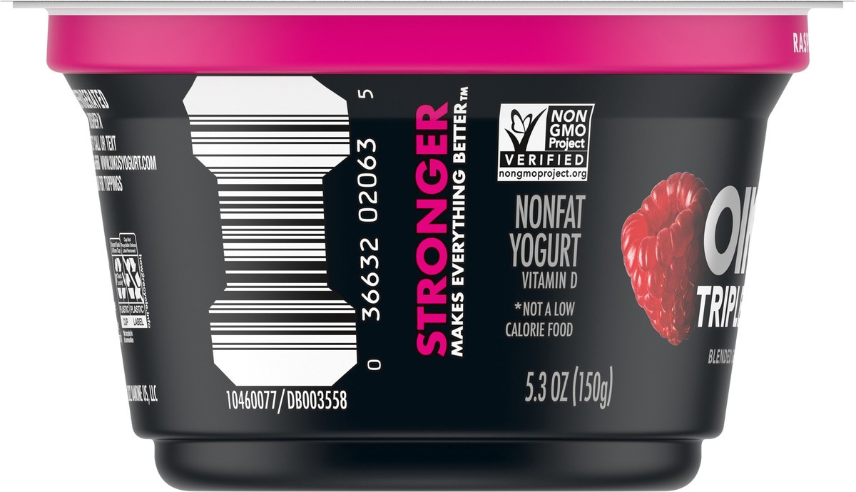 slide 8 of 9, Oikos Triple Zero Raspberry Nonfat Greek Yogurt, 0% Fat, 0g Added Sugar and 0 Artificial Sweeteners, Just Delicious High Protein Yogurt, 5.3 OZ Cup, 5.3 oz