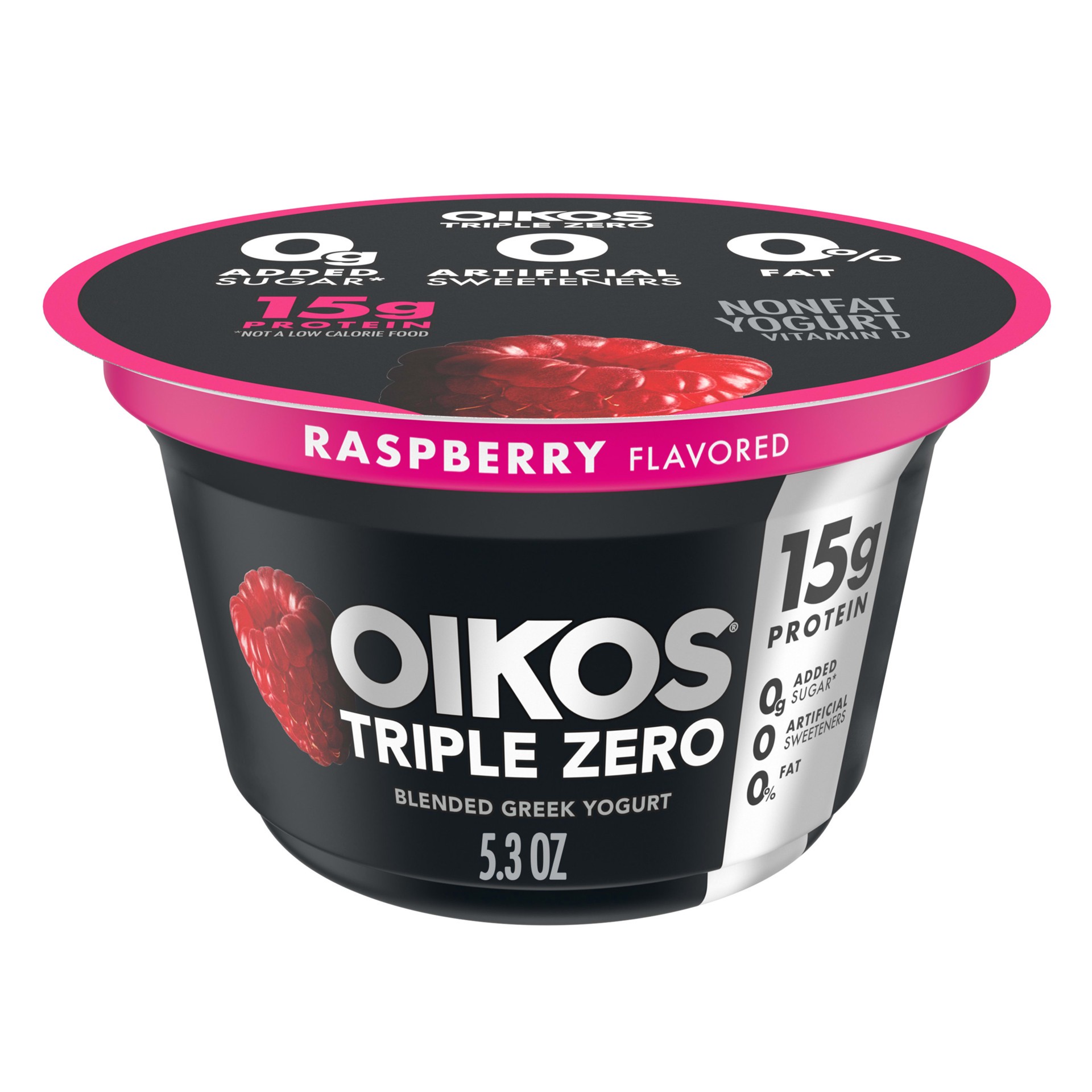 slide 1 of 9, Oikos Triple Zero Raspberry Nonfat Greek Yogurt, 0% Fat, 0g Added Sugar and 0 Artificial Sweeteners, Just Delicious High Protein Yogurt, 5.3 OZ Cup, 5.3 oz