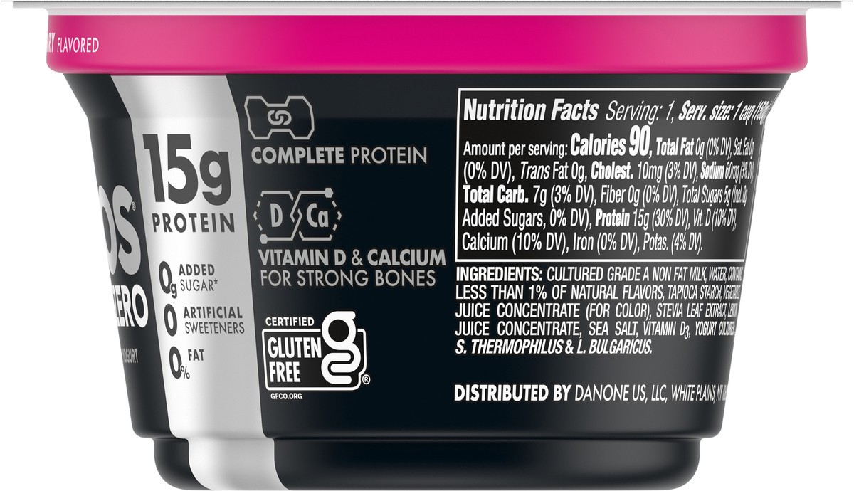 slide 2 of 9, Oikos Triple Zero Raspberry Nonfat Greek Yogurt, 0% Fat, 0g Added Sugar and 0 Artificial Sweeteners, Just Delicious High Protein Yogurt, 5.3 OZ Cup, 5.3 oz