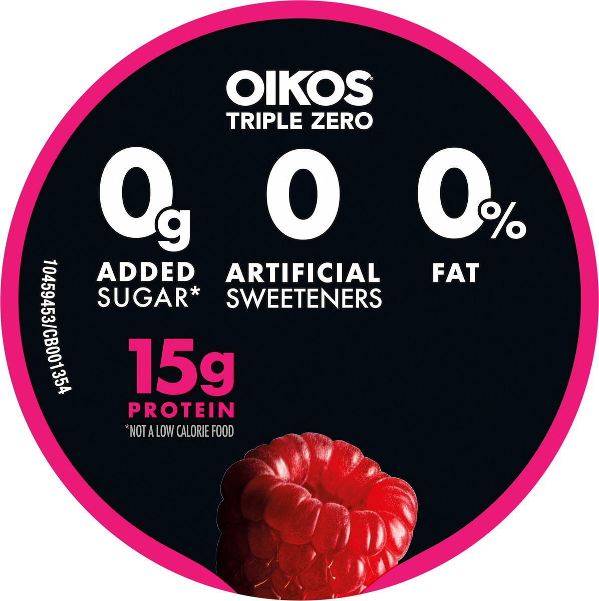 slide 5 of 9, Oikos Triple Zero Raspberry Nonfat Greek Yogurt, 0% Fat, 0g Added Sugar and 0 Artificial Sweeteners, Just Delicious High Protein Yogurt, 5.3 OZ Cup, 5.3 oz