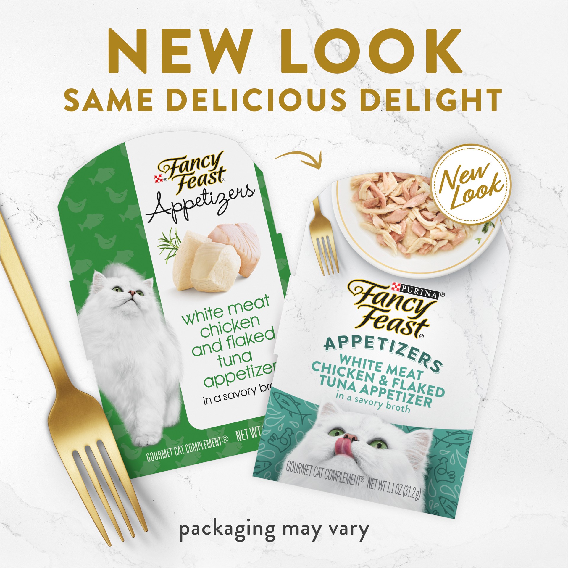 slide 8 of 9, Fancy Feast Purina Fancy Feast Appetizers Lickable Grain Free Wet Cat Food Topper White Meat Chicken and Flaked Tuna Appetizer - 1.1 oz. Tray, 1.1 oz