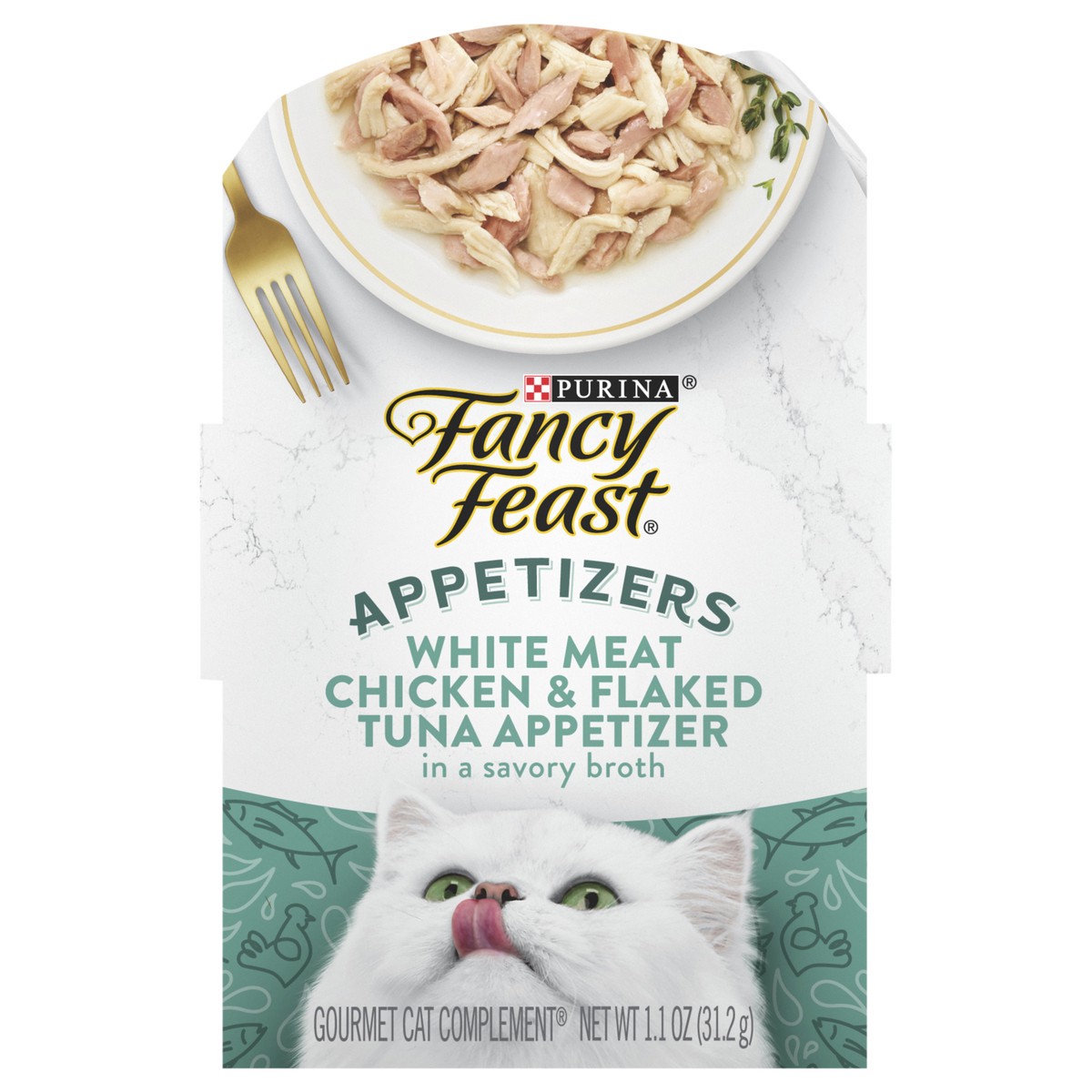 slide 1 of 9, Fancy Feast Purina Fancy Feast Appetizers Lickable Grain Free Wet Cat Food Topper White Meat Chicken and Flaked Tuna Appetizer - 1.1 oz. Tray, 1.1 oz