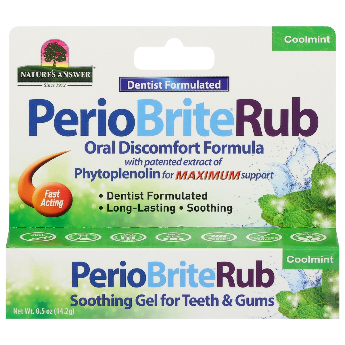 slide 1 of 9, Nature's Answer PerioBrite Rub Oral Discomfort Formula Dentist Formulated Fast Acting Coolmint Soothing Gel for Teeth & Gums 0.5 oz, 0.5 oz