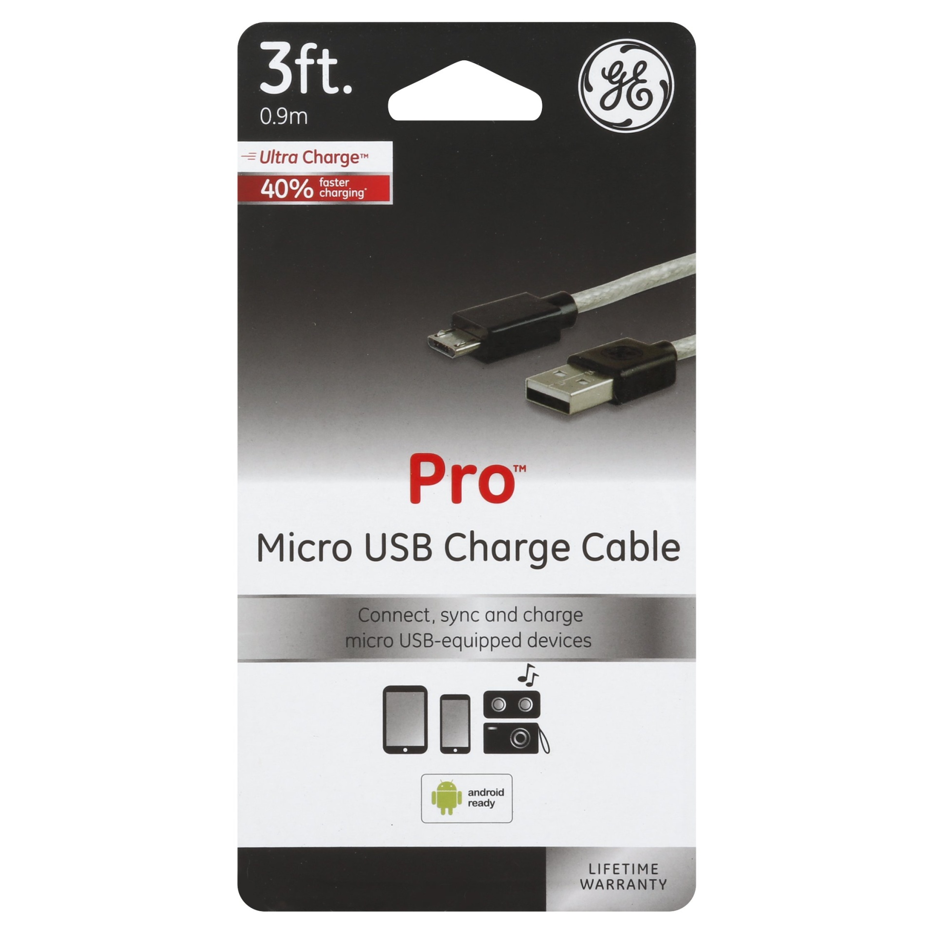 slide 1 of 1, GE Micro USB Charge Cable, 3-Foot, 3 ft