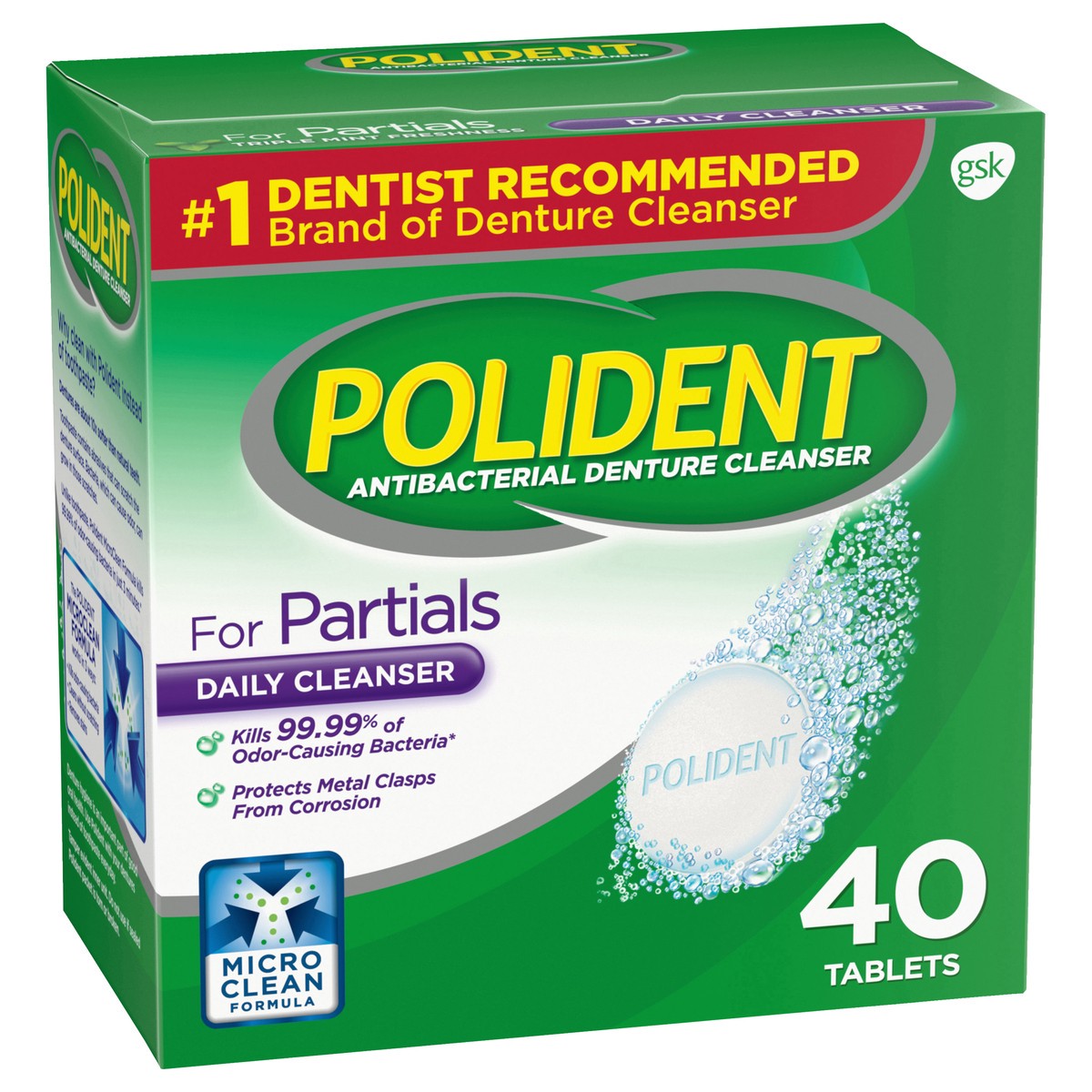 slide 4 of 9, Polident Partials Antibacterial Denture Cleanser Effervescent Tablets, 40 count, 40 ct