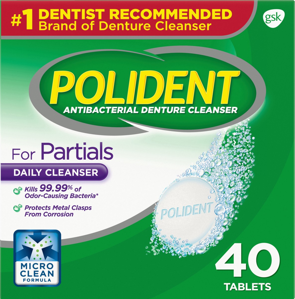 slide 8 of 9, Polident Partials Antibacterial Denture Cleanser Effervescent Tablets, 40 count, 40 ct