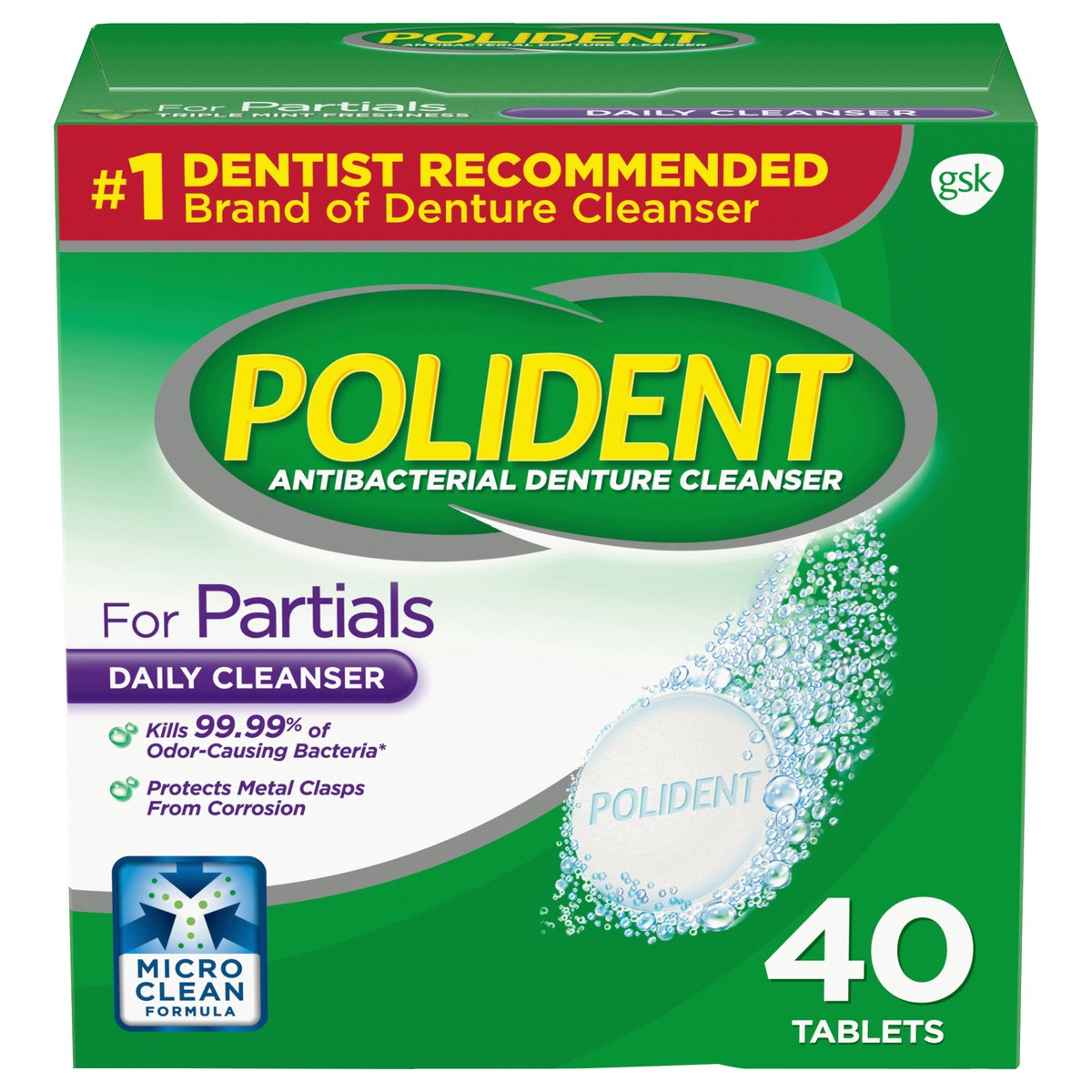 slide 1 of 9, Polident Partials Antibacterial Denture Cleanser Effervescent Tablets, 40 count, 40 ct