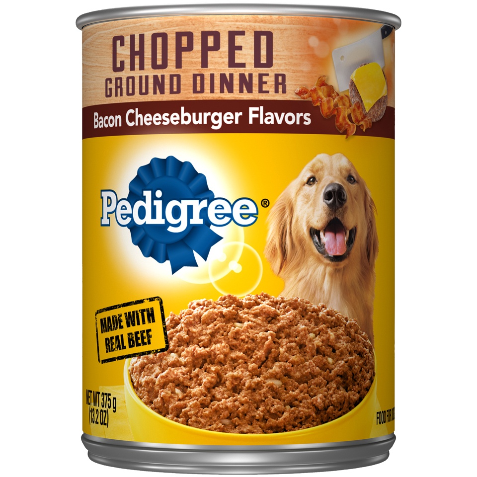 slide 1 of 1, Pedigree Chopped Ground Dinner Bacon CheeseburGer Flavors Wet Dog Food, 13.2 oz