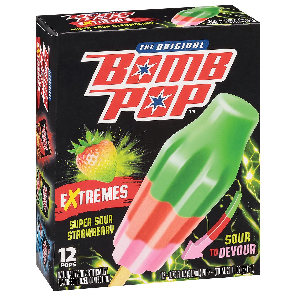 slide 4 of 12, Bomb Pop Extremes Super Sour Strawberry Ice Pops, 12 Pack, 21 fl oz