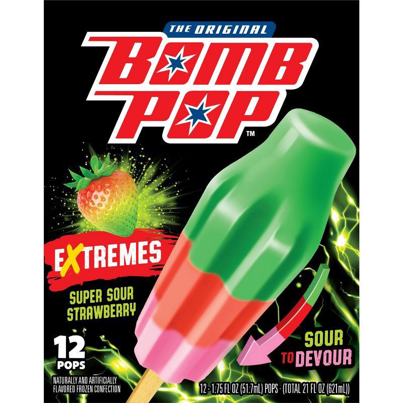 slide 1 of 12, Bomb Pop Extremes Super Sour Strawberry Ice Pops, 12 Pack, 21 fl oz