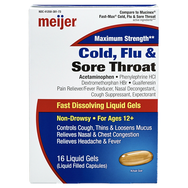 slide 1 of 1, Meijer Mucus Relief Cold Flu Throat Liquid Gels, 16 ct