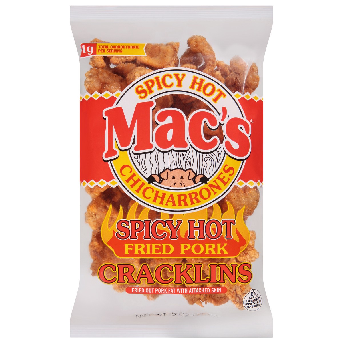 slide 1 of 9, Mac's Spicy Hot Fried Pork Cracklins 5 oz, 5 oz