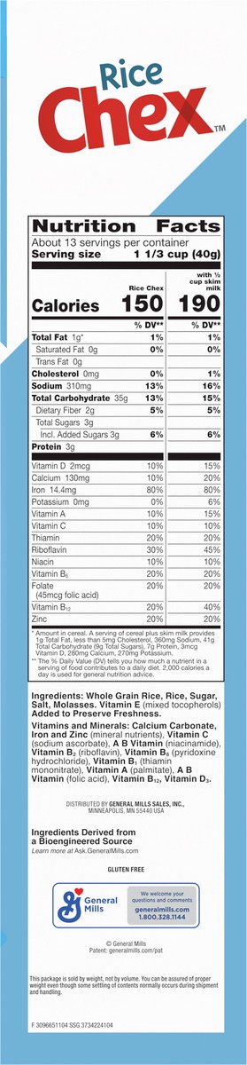 slide 6 of 12, Chex Rice Chex Gluten Free Breakfast Cereal, Made with Whole Grain, Family Size, 18 oz, 18 oz