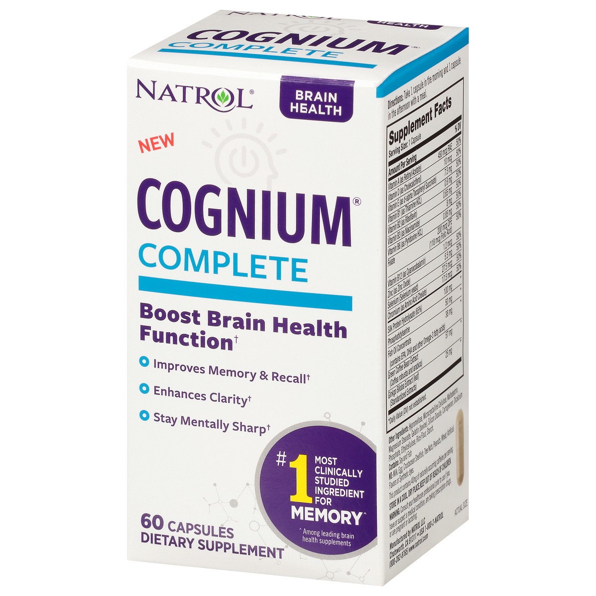 slide 3 of 9, Natrol Cognium Complete, Brain Health Dietary Supplement, Improves Memory & Clarity, Drug Free, 100mg, 60 Capsules, 60 ct