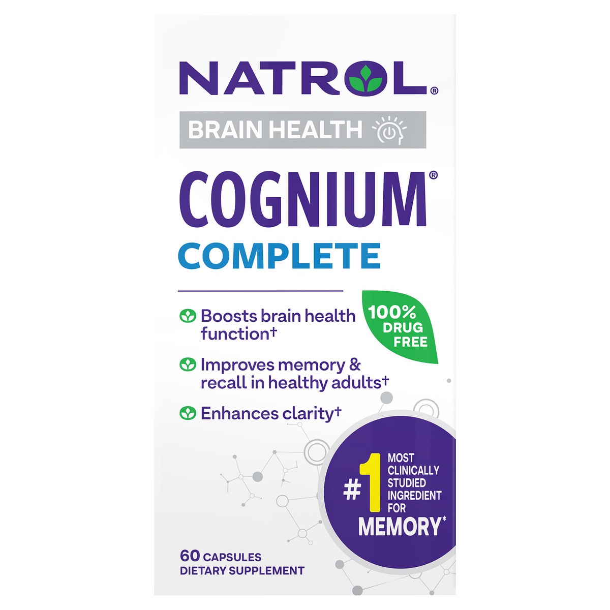 slide 1 of 9, Natrol Cognium Complete, Brain Health Dietary Supplement, Improves Memory & Clarity, Drug Free, 100mg, 60 Capsules, 60 ct