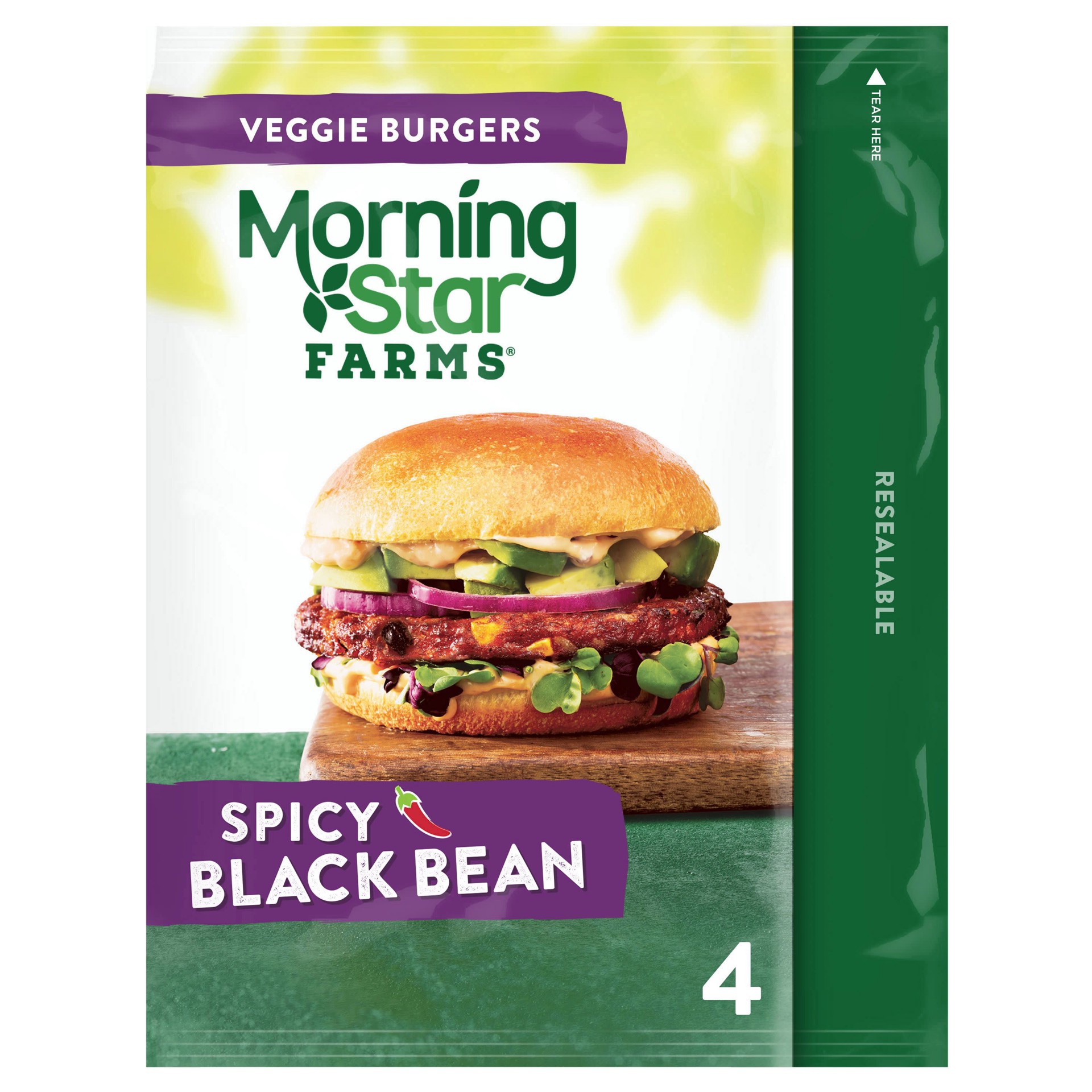 slide 1 of 5, MorningStar Farms Veggie Burgers, Spicy Black Bean, 9.5 oz, 4 Count, Frozen, 9.5 oz