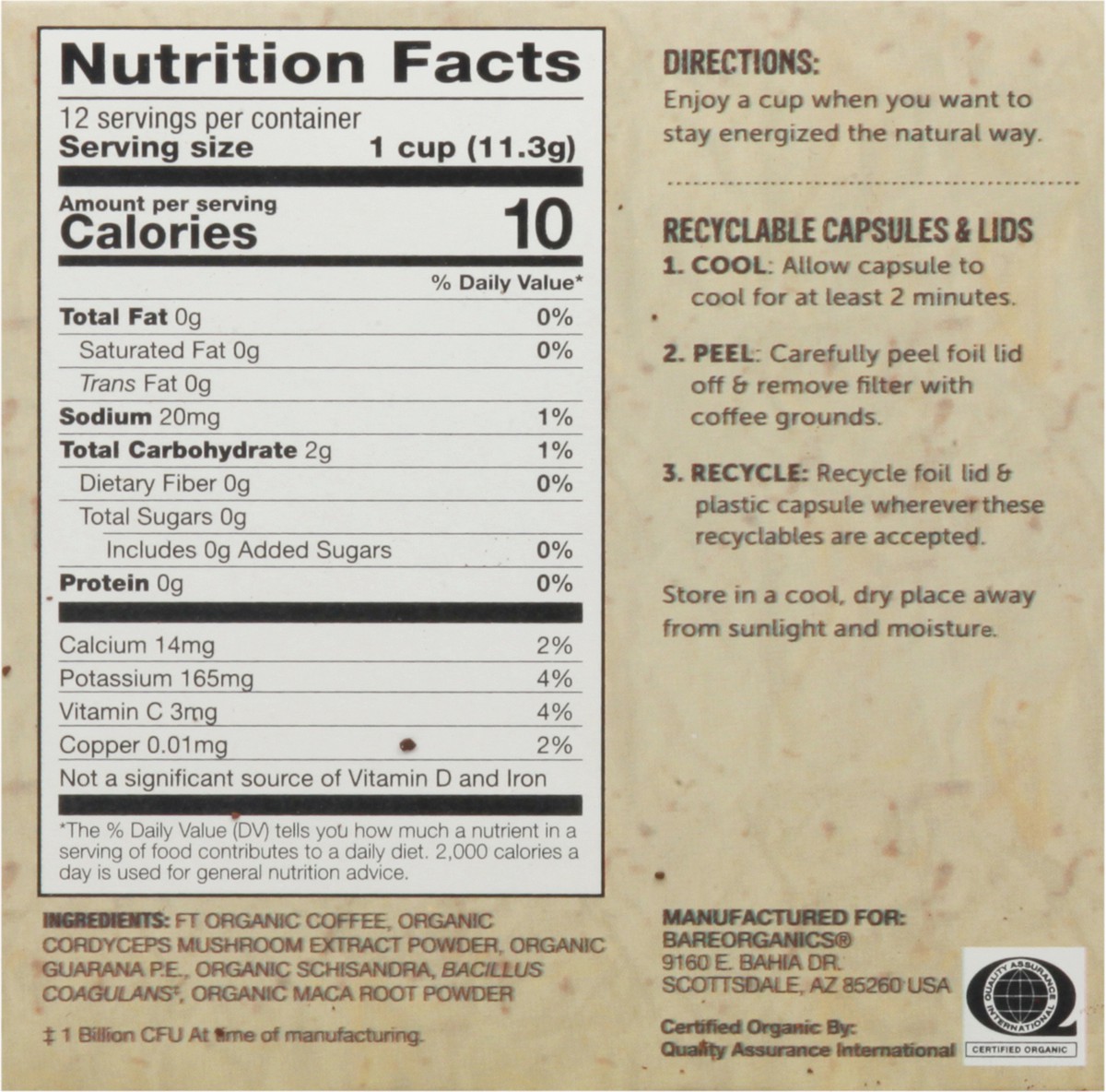 slide 9 of 15, BareOrganics Single Serve Cups Energizing Medium Roast Coffee 12 Cups 0.40 oz Cup/Tub/Bowl 12 ea - 12 ct, 12 ct