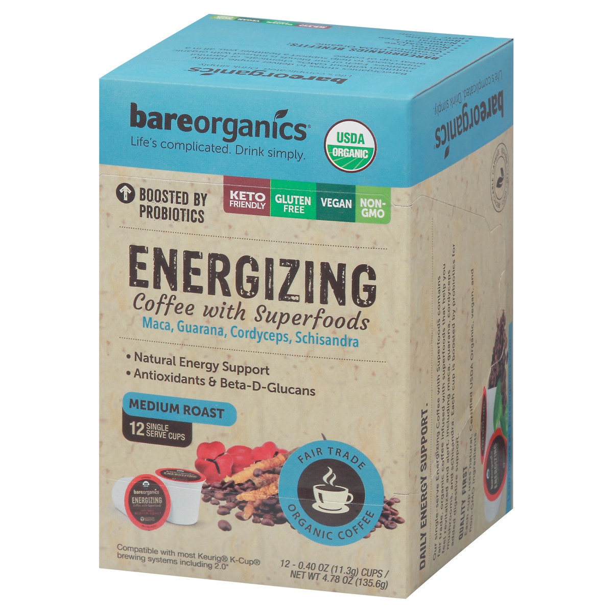 slide 10 of 15, BareOrganics Single Serve Cups Energizing Medium Roast Coffee 12 Cups 0.40 oz Cup/Tub/Bowl 12 ea - 12 ct, 12 ct