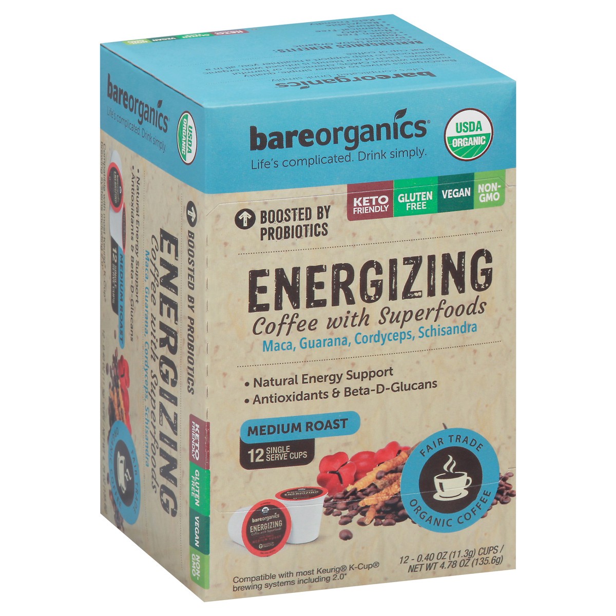slide 7 of 15, BareOrganics Single Serve Cups Energizing Medium Roast Coffee 12 Cups 0.40 oz Cup/Tub/Bowl 12 ea - 12 ct, 12 ct